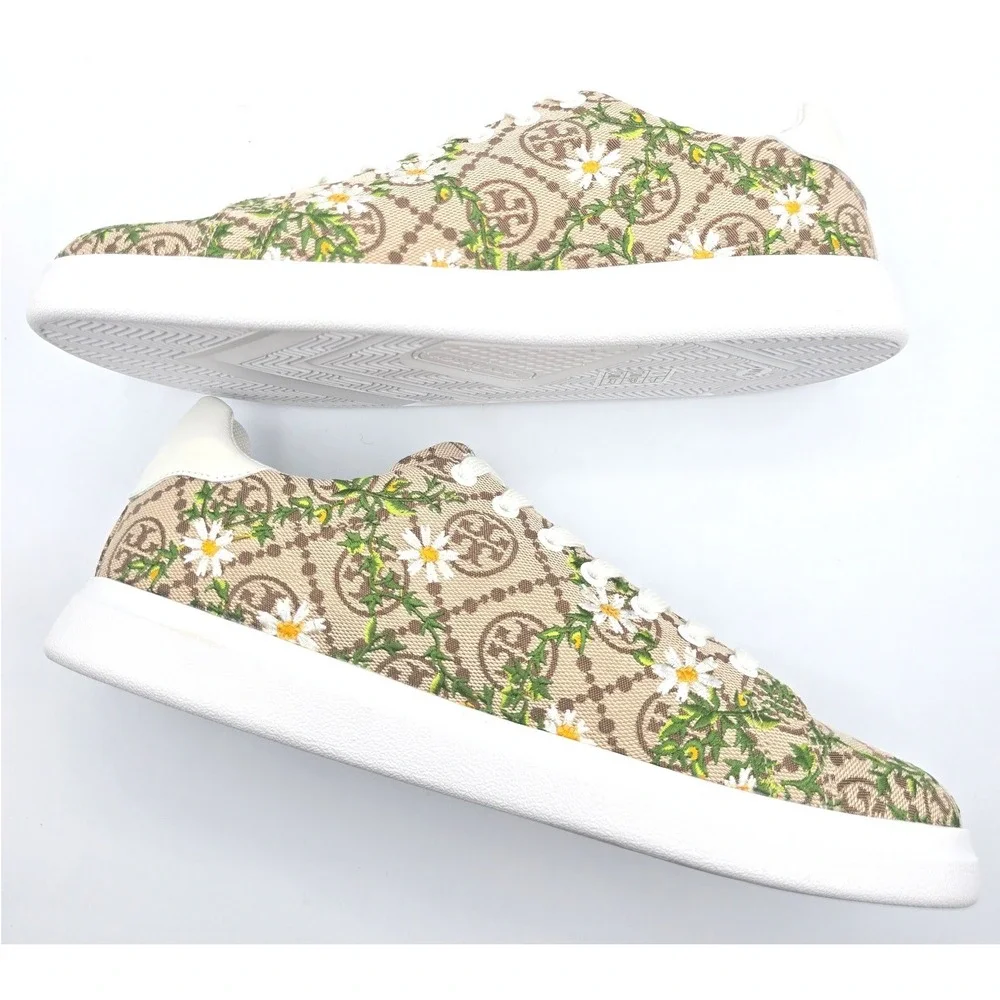 Tory Burch Howell T-Monogram Embroidered‎ Daisy Sneakers Hazel White 81296 9.5